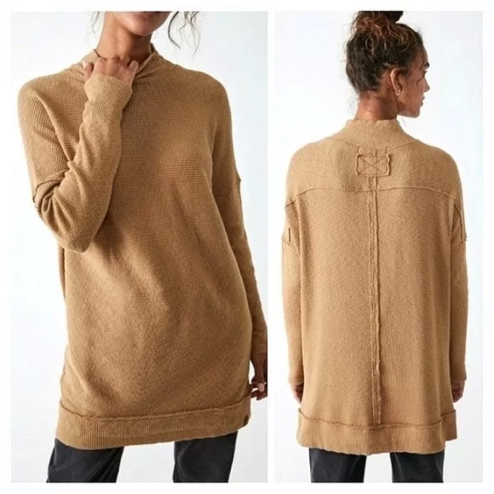 Free‎ People Casey Ribbed Mock-Neck Tunic Tan Brown Sweater Jumper Oversized XS